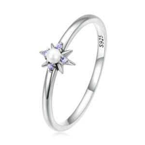 Elegant 925 Sterling Silver Purple Shining Star Shell Bead Ring
