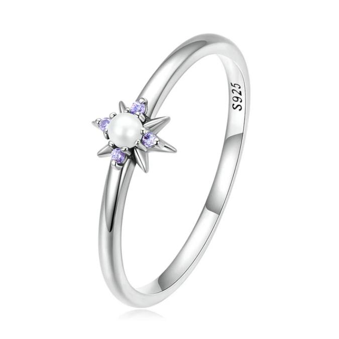 Elegant 925 Sterling Silver Purple Shining Star Shell Bead Ring