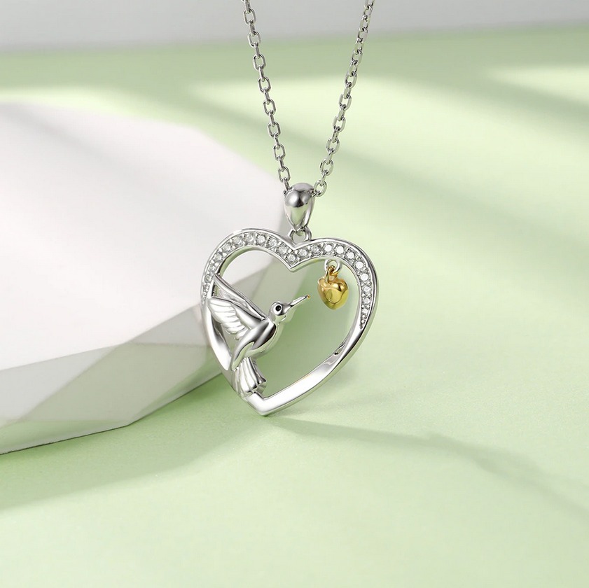 Genuine 18K 925 Sterling Silver Hummingbird's Heart Dazzling Pendant Necklace