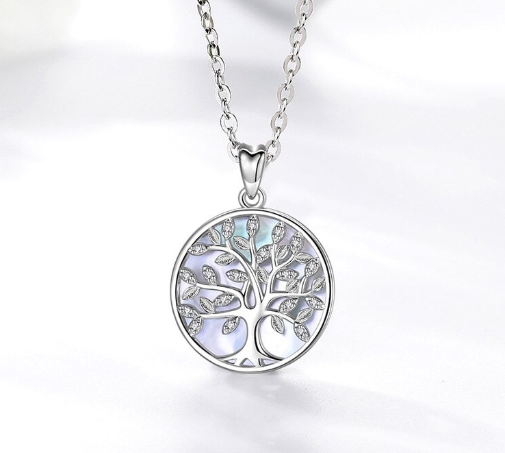 Genuine 925 Sterling Silver Mother of Pearl Tree of Life Zircon Pendant Necklace