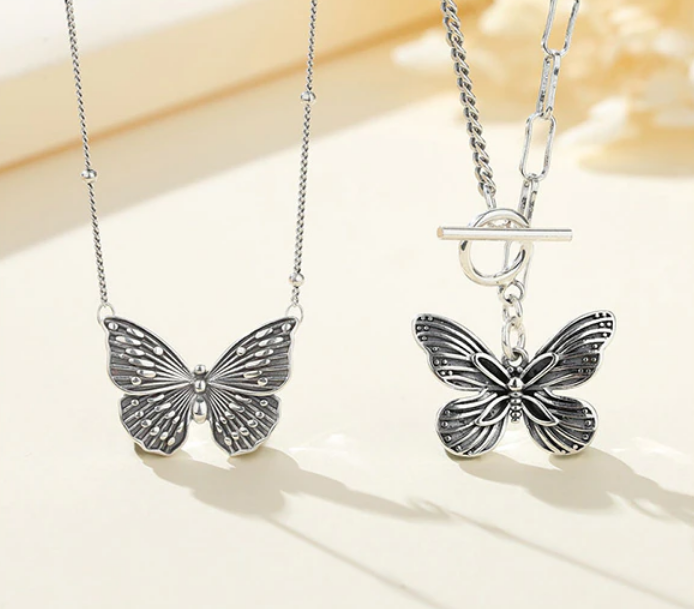 Authentic 18K 925 Sterling Thai Silver Butterfly Spawn Pendant Chain Necklace