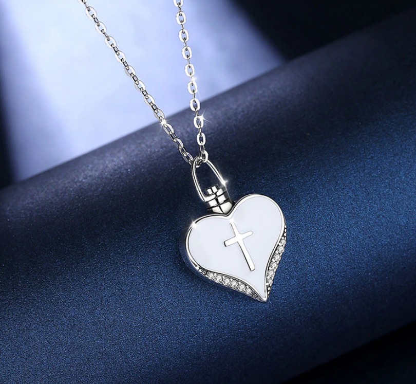 Exquisite 925 Sterling Silver Forever In My Heart Cremation Urn Cross Pendant