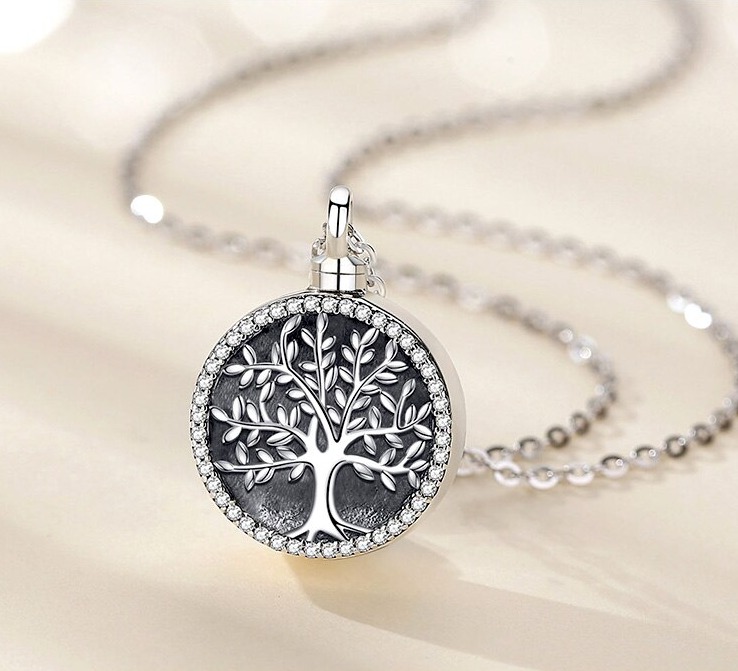 Vintage 925 Sterling Silver Tree of Life Cremation Urn Crystal Pendant Necklace
