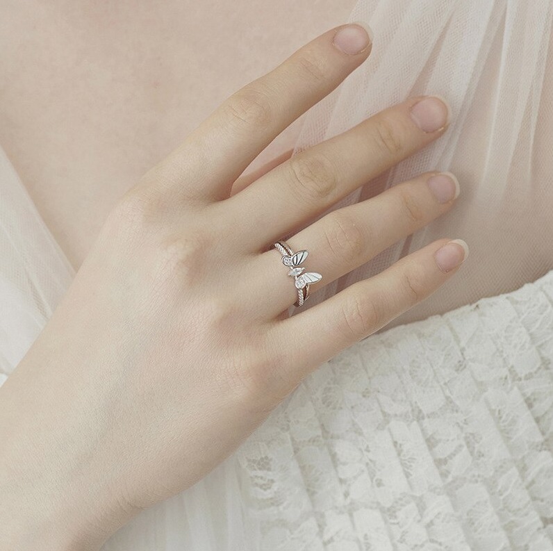 Creative Sterling Silver Plated Zircon Butterfly Adjustable Double Ring Set (Size 6.5-7/8) - Image 4