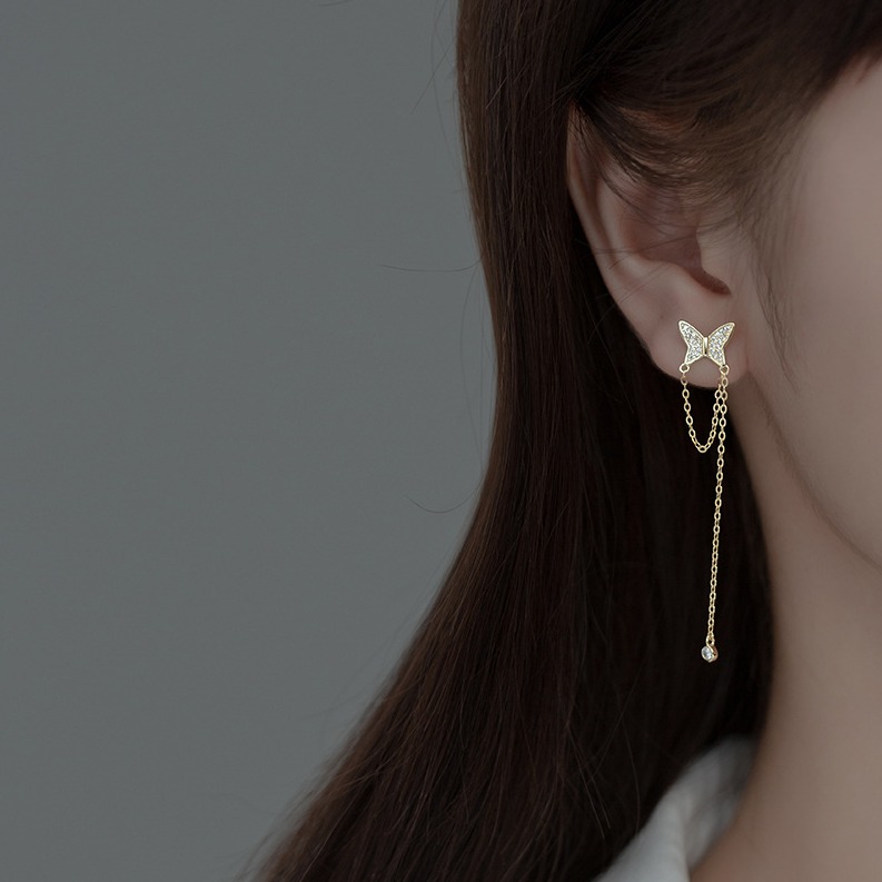 Exquisite 18K 925 Sterling Silver Zircon Butterfly Stud Chain Earrings - Image 2