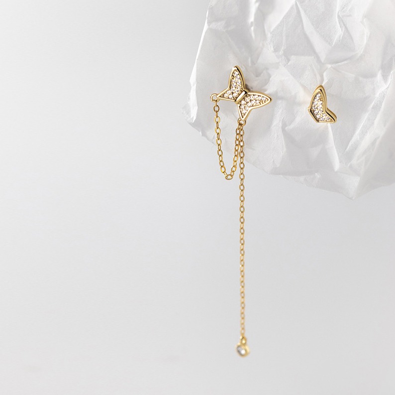 Exquisite 18K 925 Sterling Silver Zircon Butterfly Stud Chain Earrings - Image 3