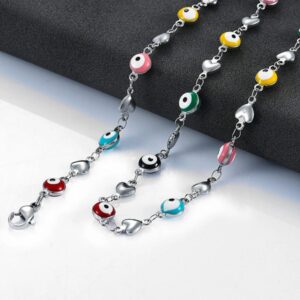 316L Stainless Steel Colorful 6mm Lucky Eye Heart Charm Necklace/Bracelet