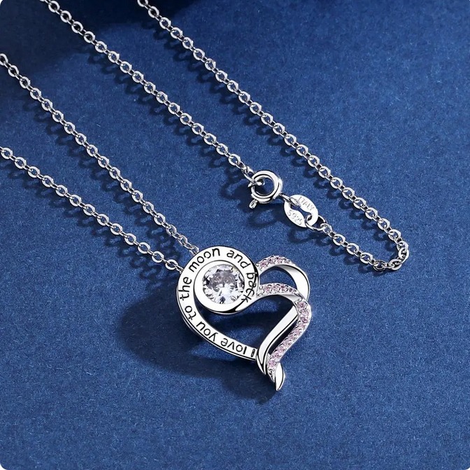 Exquisite 925 Sterling Silver Pink Crystal Zirconia Heart Pendant Necklace - Image 2