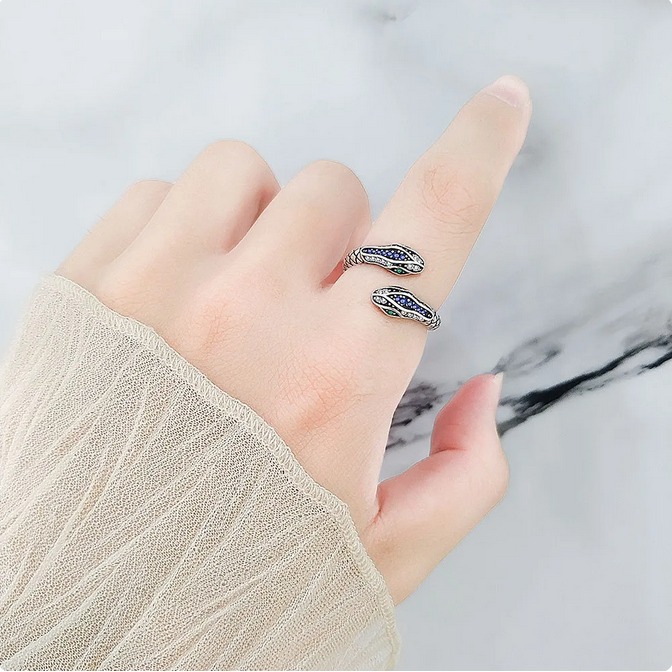 Sterling Silver Plated Retro Texture Adjustable Snake Ring (Size 6-9) - Image 2