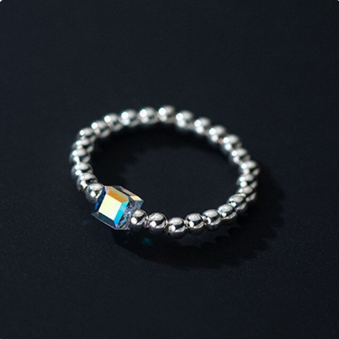 18K 925 Sterling Silver Square Crystal Bead Elastic Adjustable Ring (Size 6.5-10)