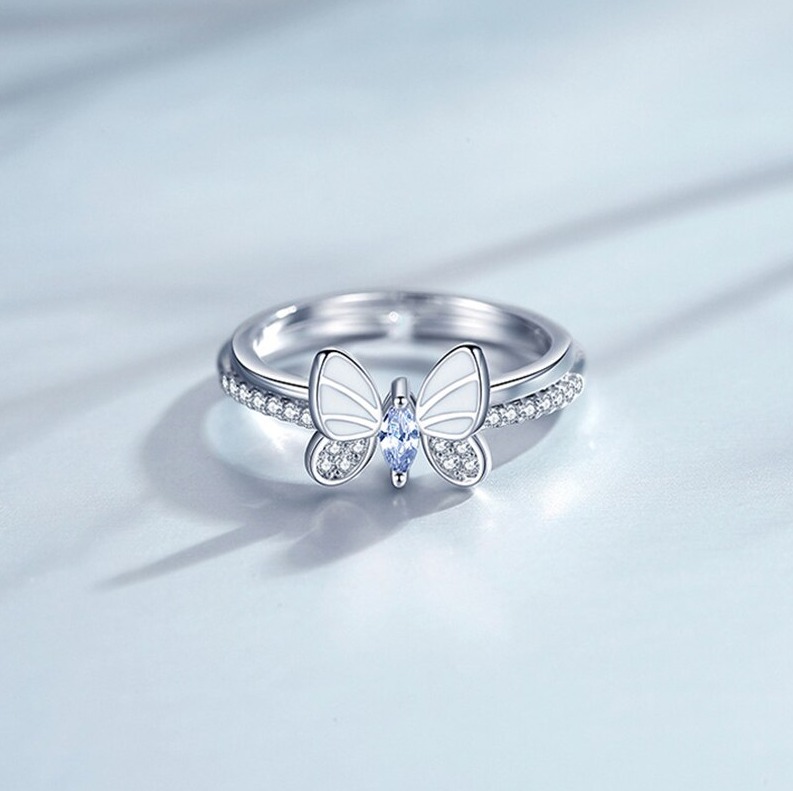 Creative Sterling Silver Plated Zircon Butterfly Adjustable Double Ring Set (Size 6.5-7/8) - Image 2