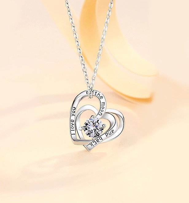 Elegant 925 Sterling Silver Heart 2 Heart Zirconia Pendant Necklace