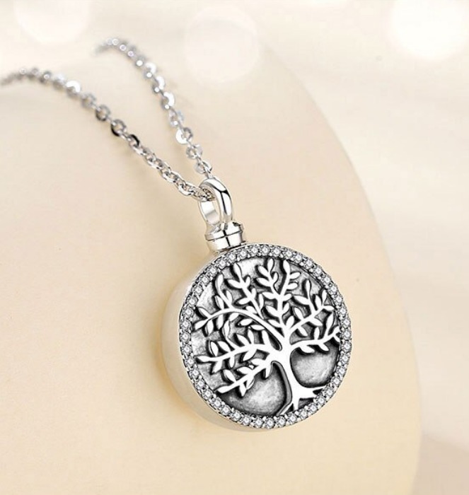 Vintage 925 Sterling Silver Tree of Life Cremation Urn Crystal Pendant Necklace - Image 3