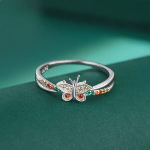 Elegant 925 Sterling Silver Creative Rainbow Zirconia Butterfly Ring
