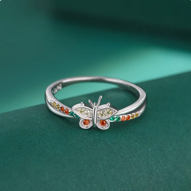 Elegant 925 Sterling Silver Creative Rainbow Zirconia Butterfly Ring