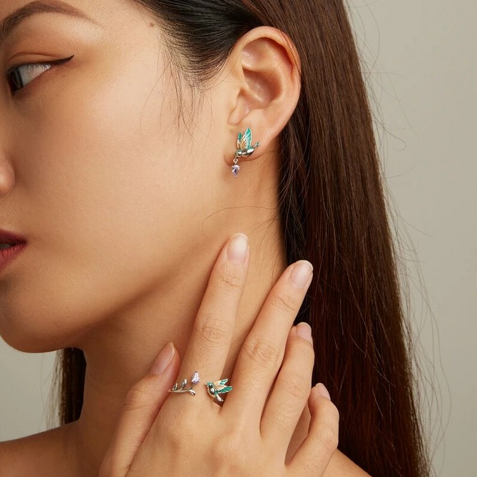 Genuine 925 Sterling Silver Exquisite Design Kingfisher Stud Earrings - Image 2