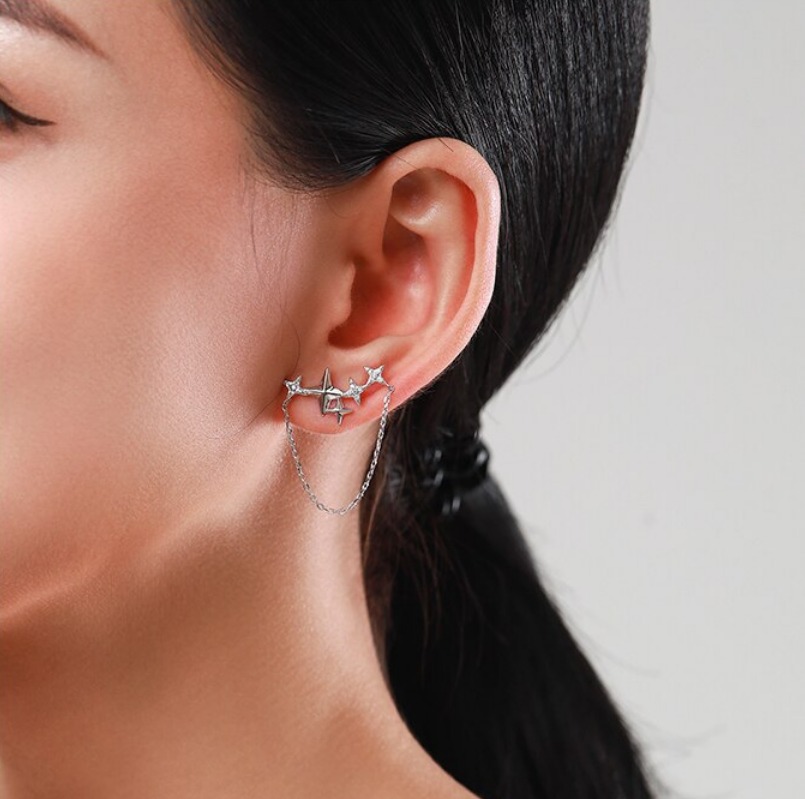 Genuine 925 Sterling Silver Dazzling Zircon Alignment Stars Stud Chain Earrings - Image 2