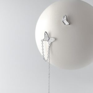 Exquisite 18K 925 Sterling Silver Zircon Butterfly Stud Chain Earrings