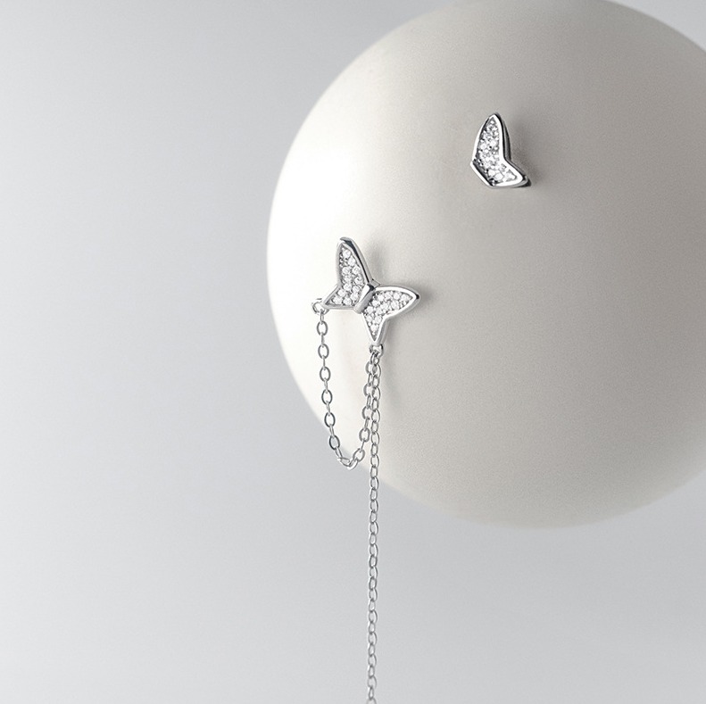 Exquisite 18K 925 Sterling Silver Zircon Butterfly Stud Chain Earrings
