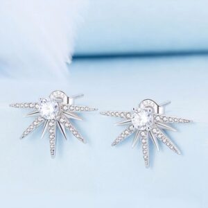 Platinum 925 Sterling Silver Zircon Pave Dazzling Starburst Stud Earrings