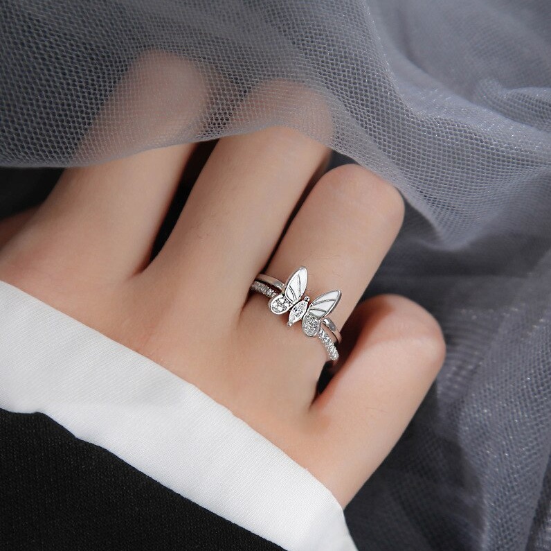 Creative Sterling Silver Plated Zircon Butterfly Adjustable Double Ring Set (Size 6.5-7/8) - Image 6