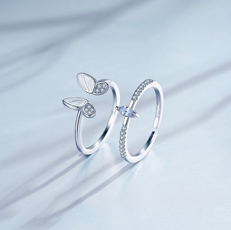 Creative Sterling Silver Plated Zircon Butterfly Adjustable Double Ring Set (Size 6.5-7/8)