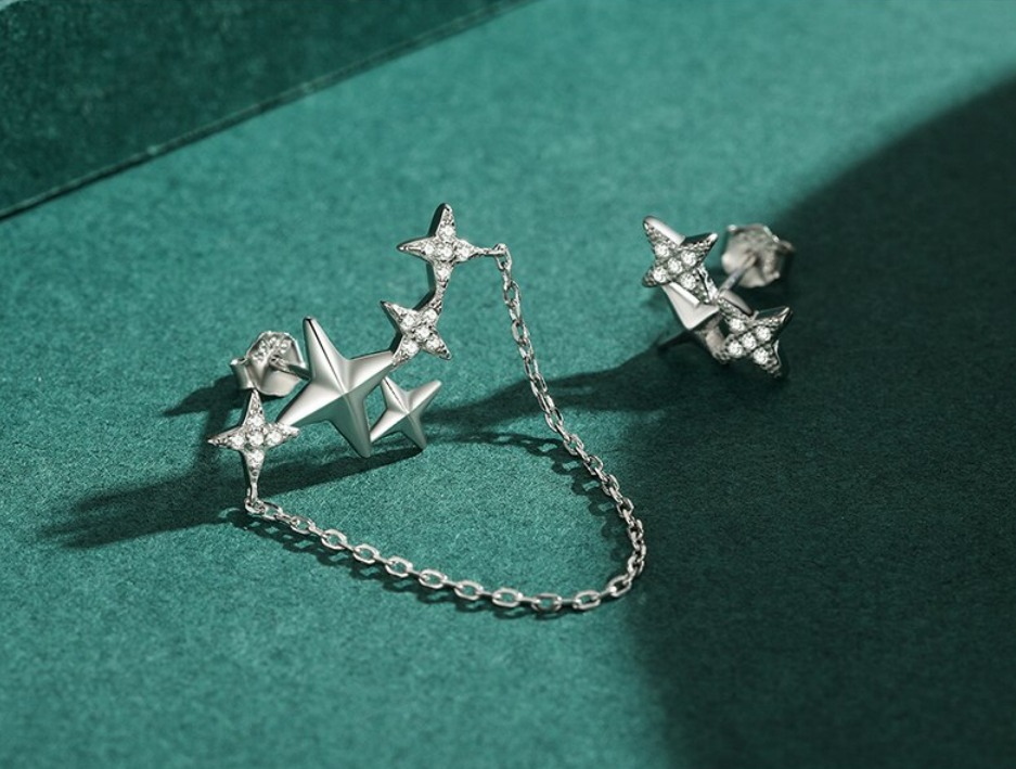 Genuine 925 Sterling Silver Dazzling Zircon Alignment Stars Stud Chain Earrings - Image 3