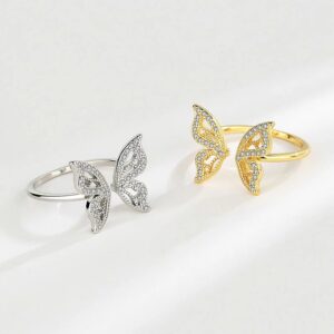 Exquisite Sterling Silver Plated Zirconia Hollow Butterfly Adjustable Ring (Size 7-9)
