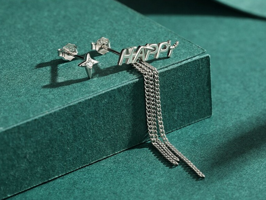 Genuine 925 Sterling Silver Star Stud "HAPPY" Times Long Tassel Chain Earrings - Image 3