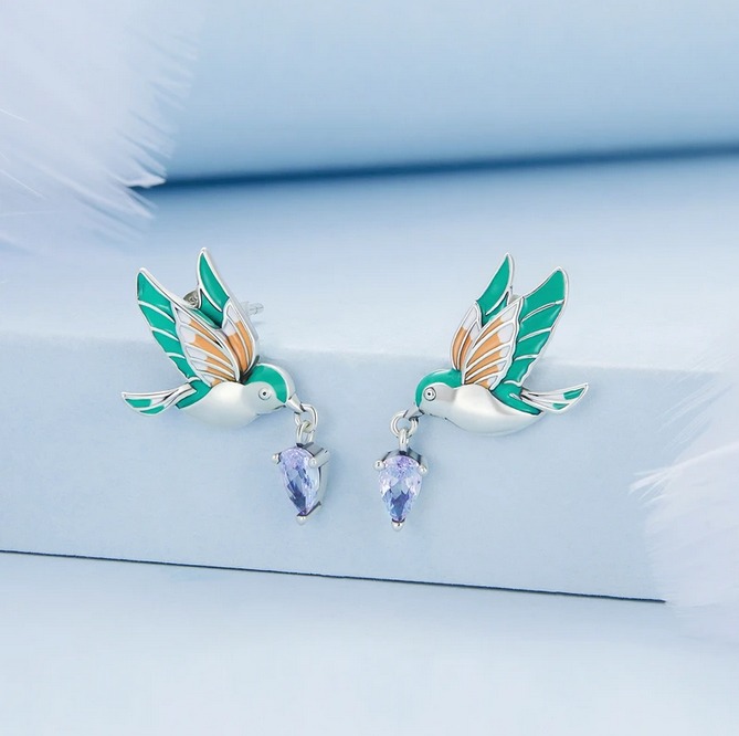 Genuine 925 Sterling Silver Exquisite Design Kingfisher Stud Earrings