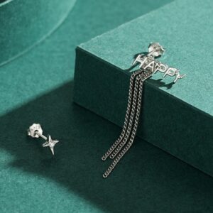 Genuine 925 Sterling Silver Star Stud "HAPPY" Times Long Tassel Chain Earrings