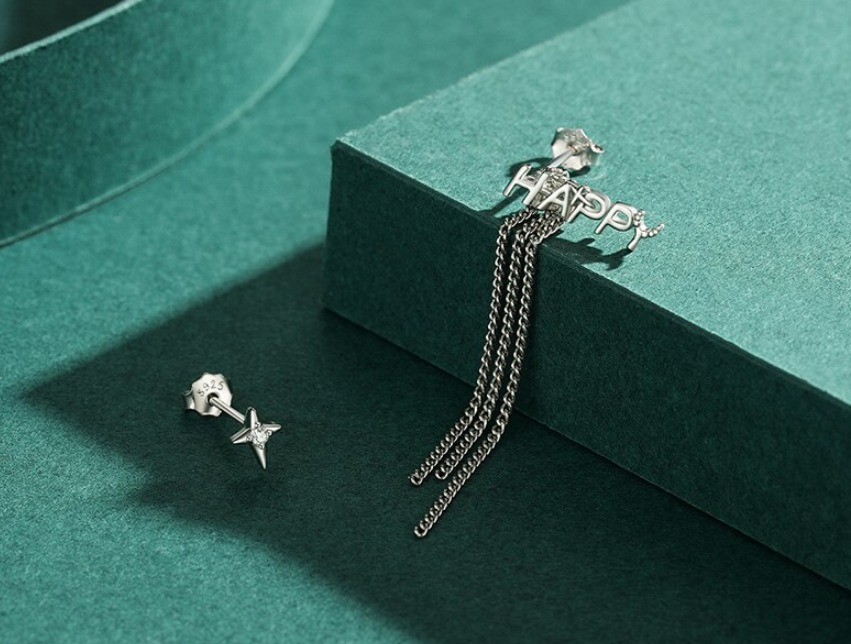 Genuine 925 Sterling Silver Star Stud "HAPPY" Times Long Tassel Chain Earrings