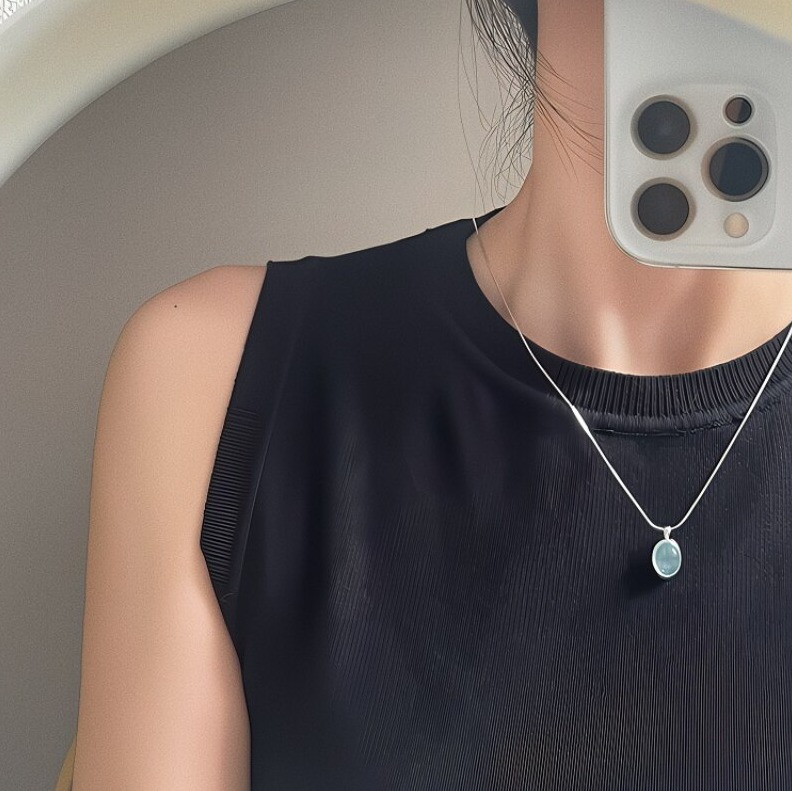 Exquisite 925 Sterling Silver Sea Blue Sapphire Oval Gemstone Pendant Choker - Image 4