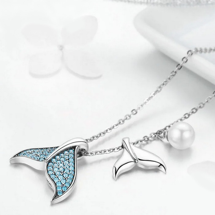 Exquisite 925 Sterling Silver Blue Mermaid Tail Shell Pearl Pendant Necklace