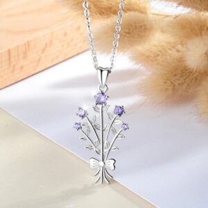 Elegant 925 Sterling Silver Purple Crystal Bouquet Flowers Pendant Necklace