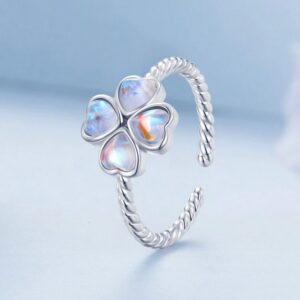 Platinum 925 Sterling Silver Moonlight Four-Leaf Clover Adjustable Ring (Size 6-8)