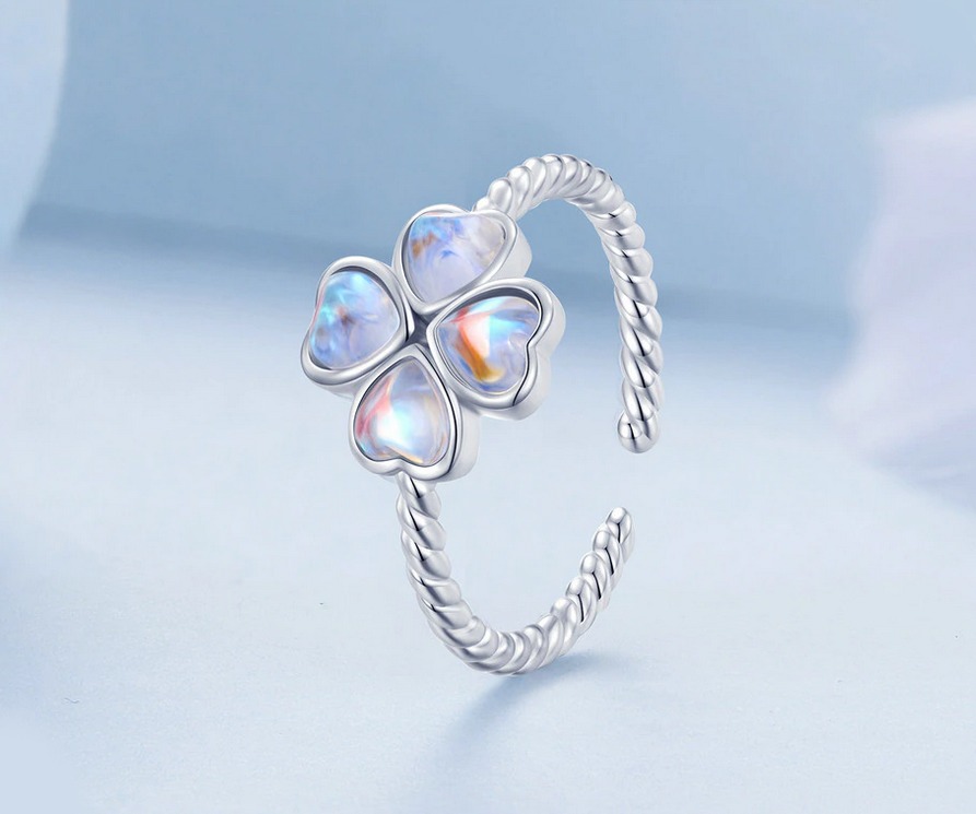 Platinum 925 Sterling Silver Moonlight Four-Leaf Clover Adjustable Ring (Size 6-8)