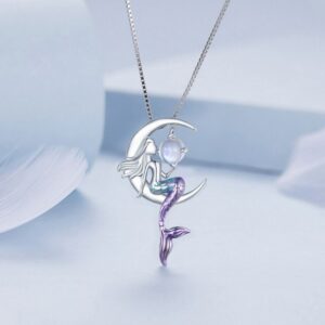 Platinum 925 Sterling Silver Elegant Moon Mermaid Pendant Necklace