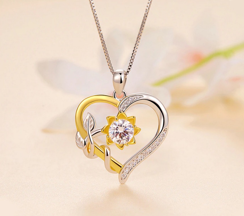Platinum 925 Sterling Silver 1CT Moissanite Flower 2-Tone Heart Pendant