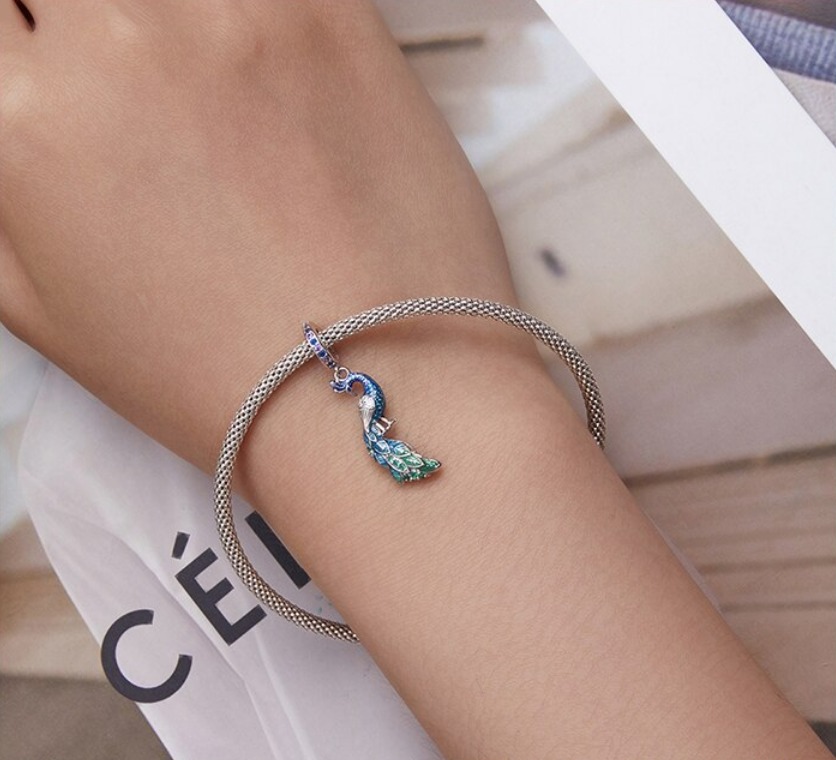 Platinum 925 Sterling Silver Gradient Blue Peacock Charm Fit Pendant - Image 4