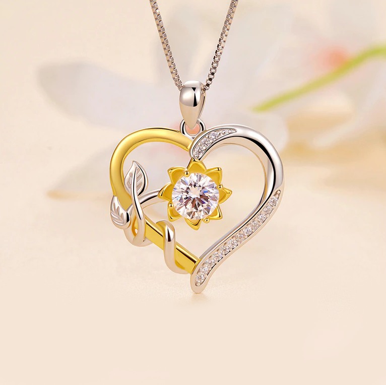 Platinum 925 Sterling Silver 1CT Moissanite Flower 2-Tone Heart Pendant - Image 3