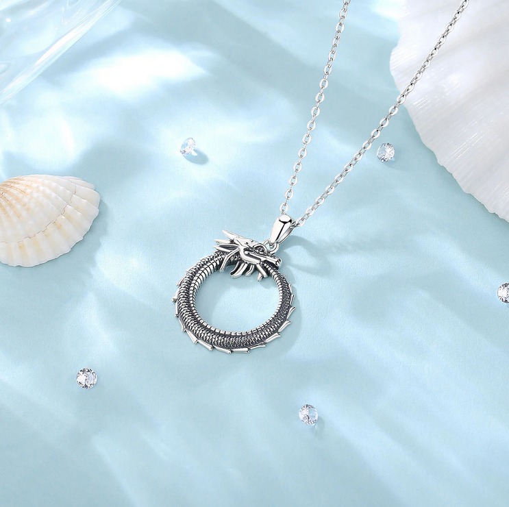 Retro 925 Sterling Silver Temperament Round Cool Dragon Pendant Necklace - Image 2