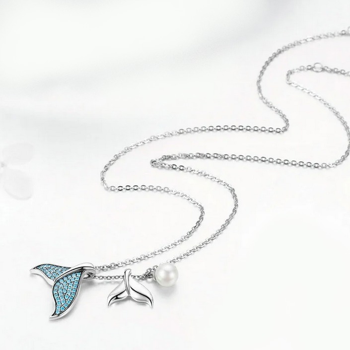 Exquisite 925 Sterling Silver Blue Mermaid Tail Shell Pearl Pendant Necklace - Image 3