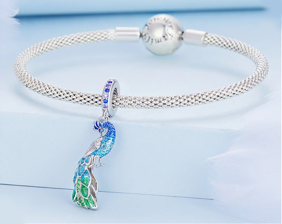 Platinum 925 Sterling Silver Gradient Blue Peacock Charm Fit Pendant - Image 3