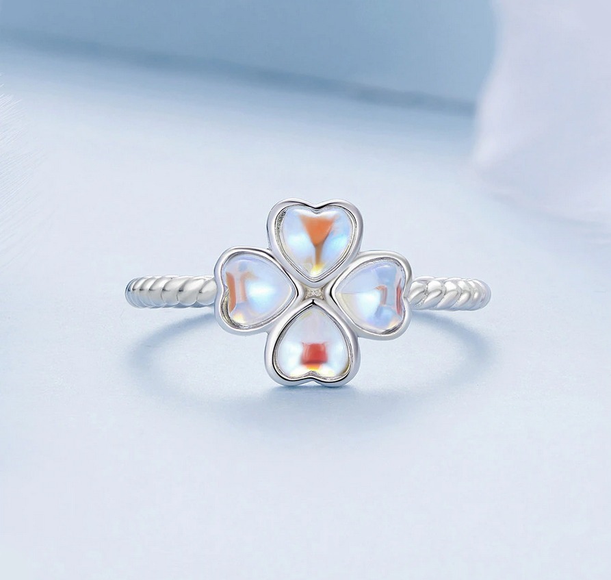 Platinum 925 Sterling Silver Moonlight Four-Leaf Clover Adjustable Ring (Size 6-8) - Image 3