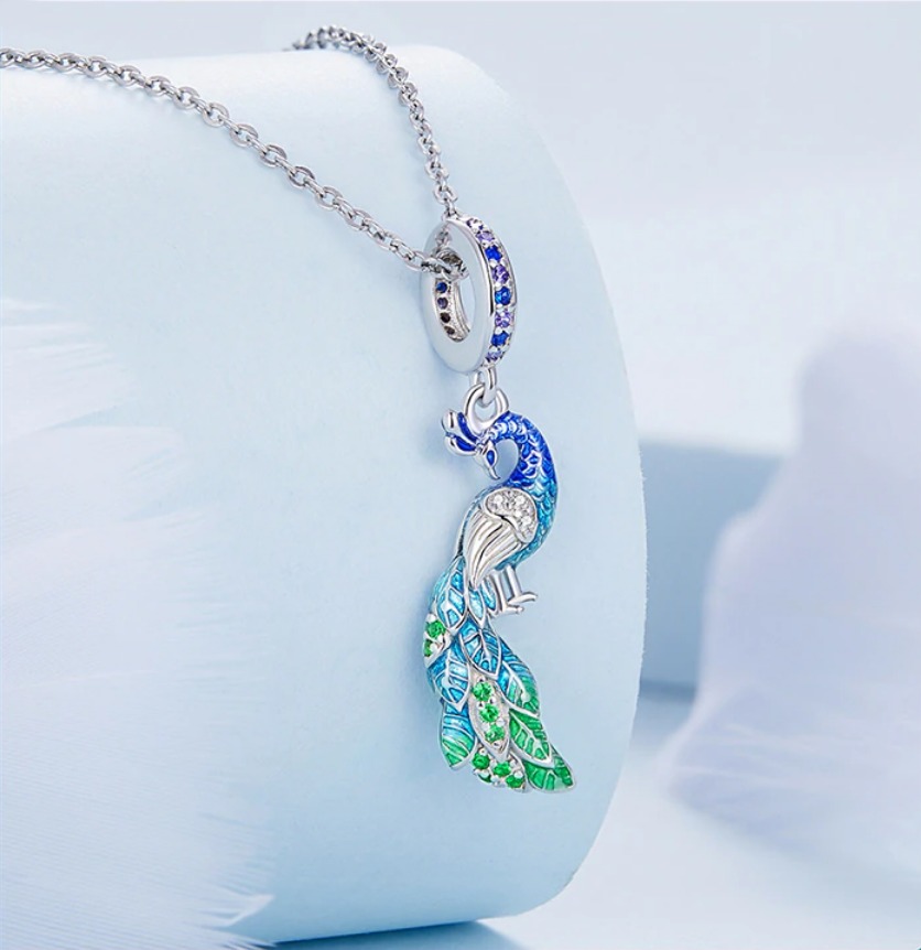 Platinum 925 Sterling Silver Gradient Blue Peacock Charm Fit Pendant