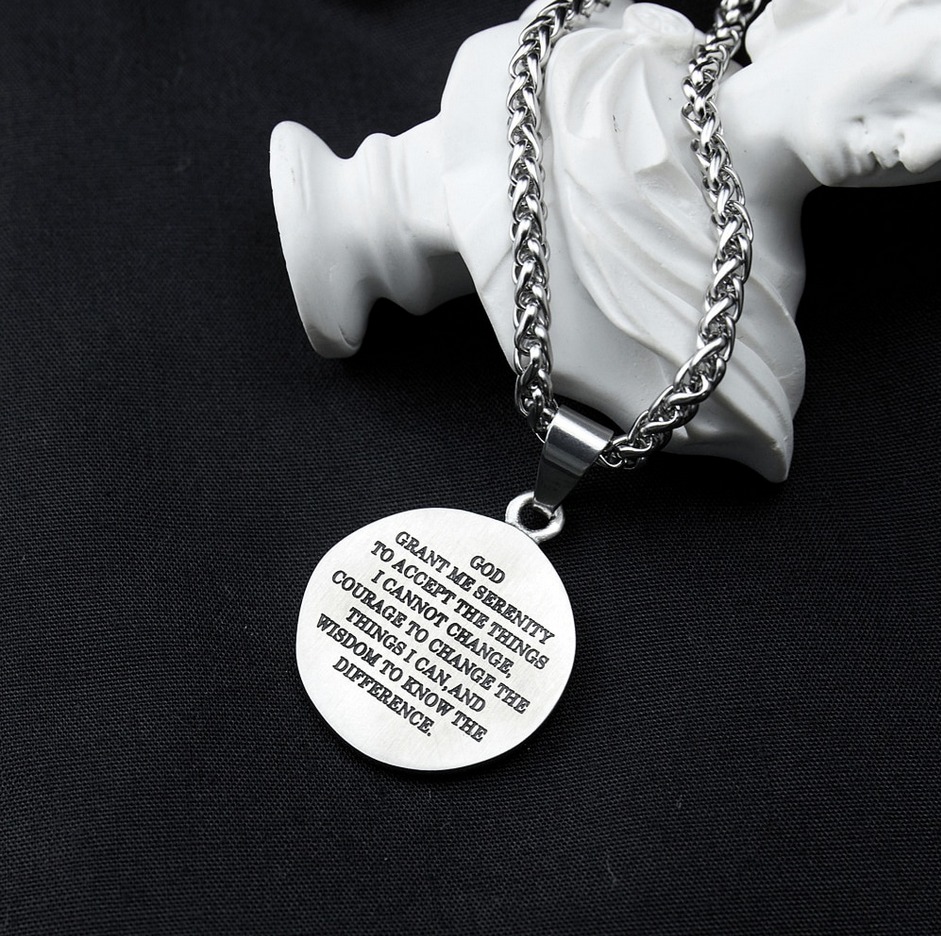 316L Stainless Steel Serenity Prayer Praying Hands Coin Medal Pendant Necklace - Image 2