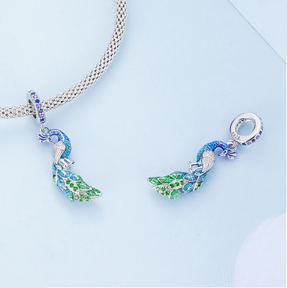 Platinum 925 Sterling Silver Gradient Blue Peacock Charm Fit Pendant - Image 2