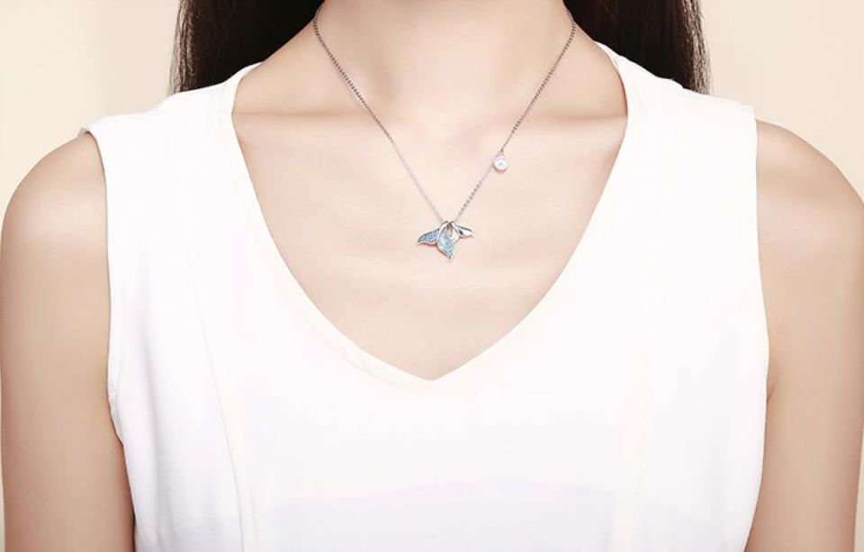 Exquisite 925 Sterling Silver Blue Mermaid Tail Shell Pearl Pendant Necklace - Image 4