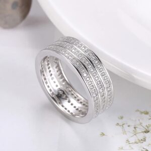 Rhodium 925 Sterling Silver 7MM Triple Pave Dazzling VVS Crystal Eternity Ring
